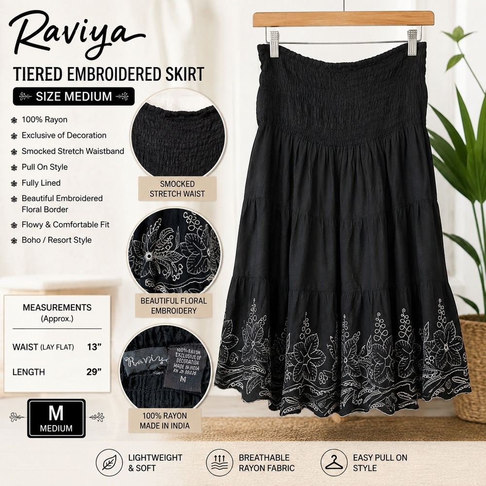 Raviya Black Tiered Embroidered Skirt Medium Smocked Waist Boho Resort Rayon